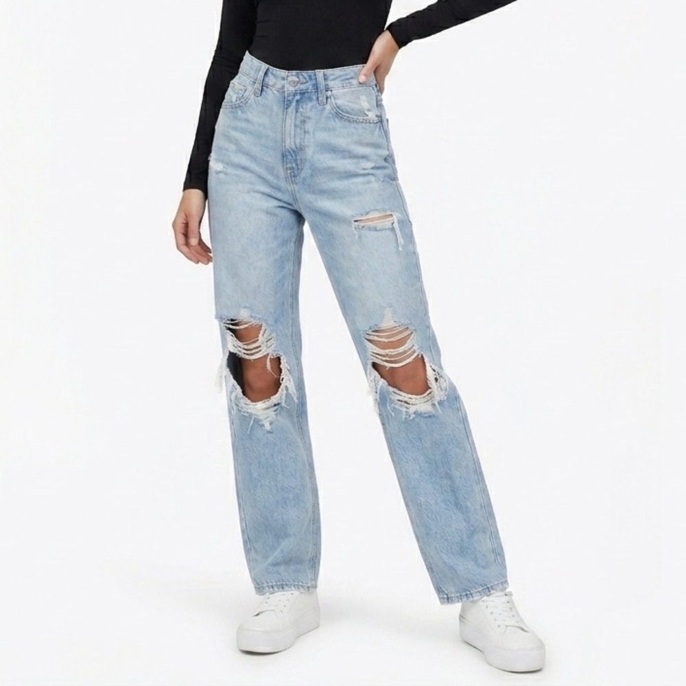 TALL FLYING MONKEY High Rise Distress Straight Leg Denim Light Wash Y2K Mom Jean